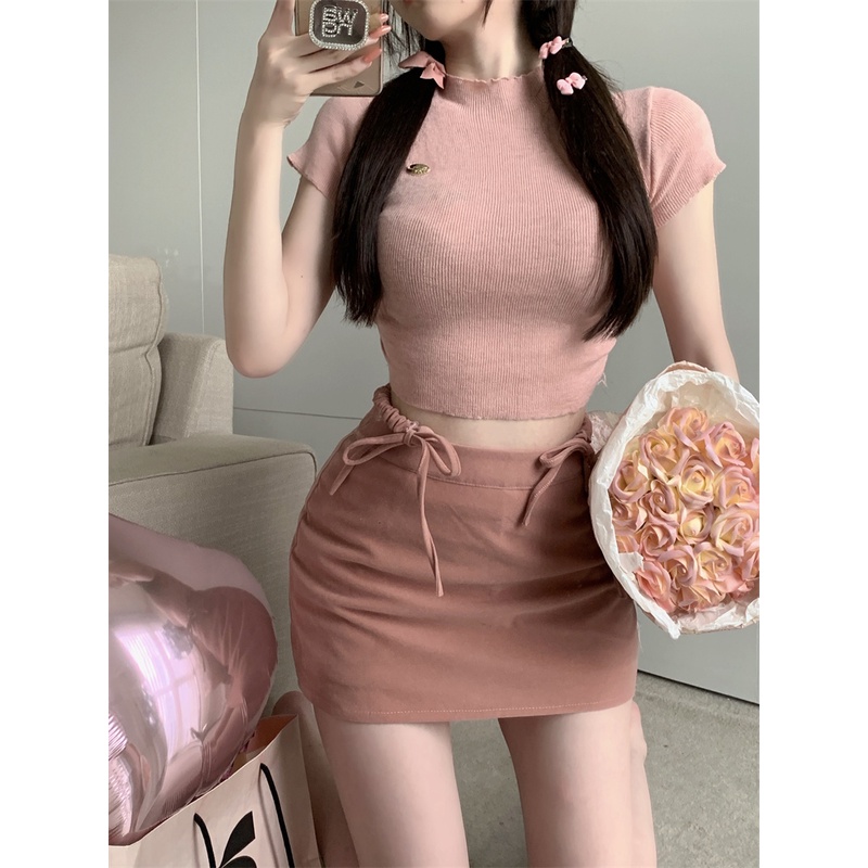 Cocory vn Áo Croptop Dệt Kim Tay Ngắn Thiết Kế Quyến Rũ 3 Màu Lựa Chọn