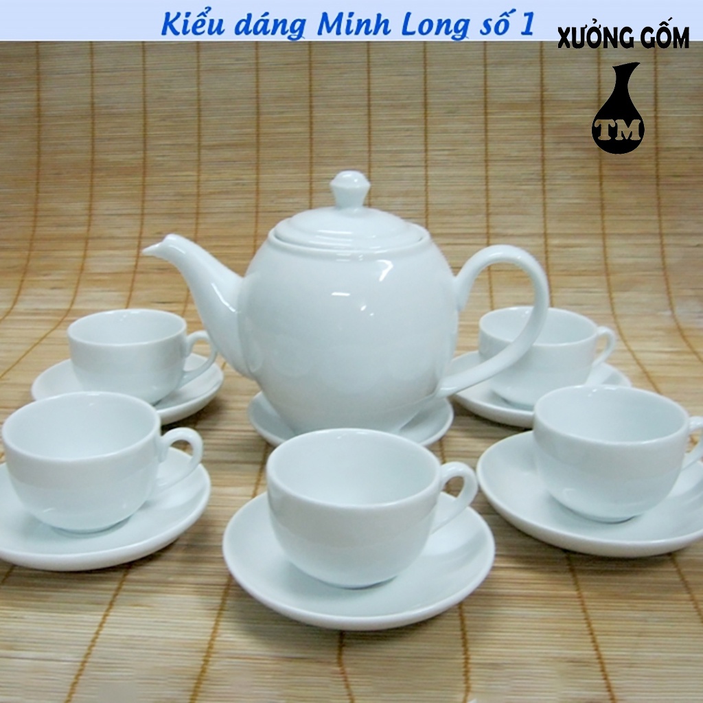 Bộ Ấm Chén Pha Trà dáng Minh Long Men Trắng XƯởng Gốm TM Bát Tràng(bộ bình uống trà, bình trà,chén trà)