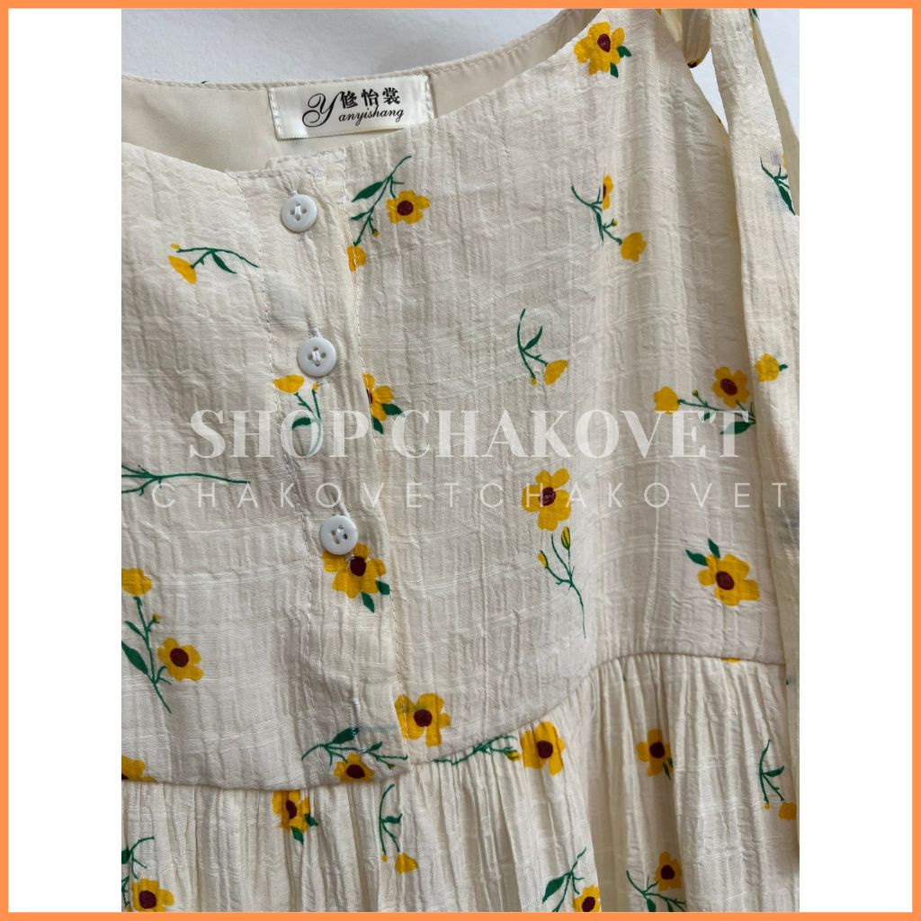 Váy babydoll dáng dài bánh bèo 2 lớp V8388 Đầm 2 dây cách điệu dây buộc nơ siêu xinh họa tiết hoa đi chơi, đi biển
