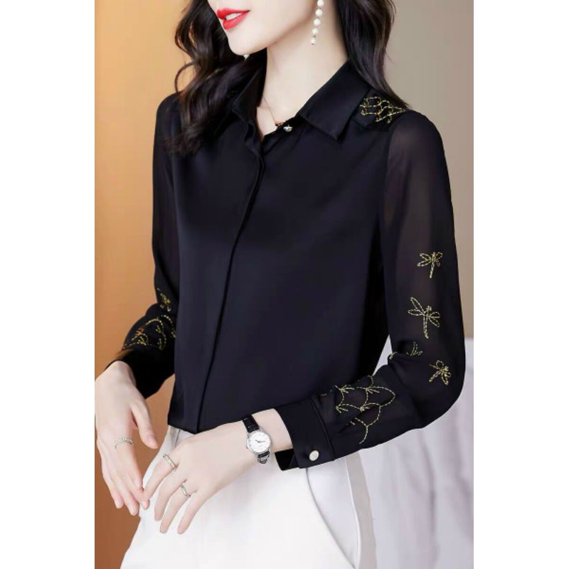 Hàng nhập - Áo sơ mi nữ tay thêu bươm bướm, áo kiểu công sở xinh xắn thanh lịch