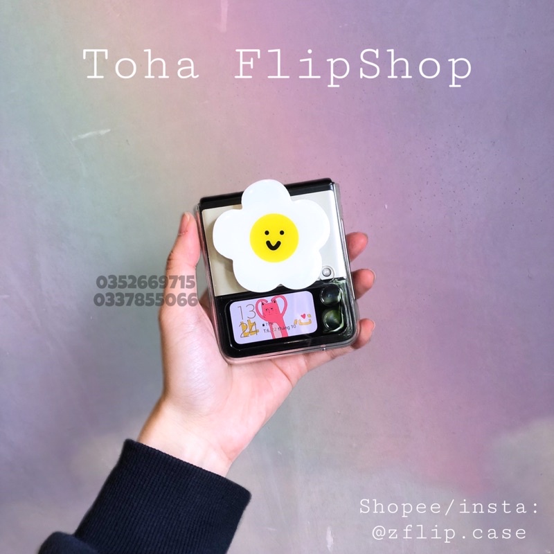 Ốp trong suốt Samsung Z Flip 5/Z Flip 4 / Z Flip 3 popsocket hoa cúc mặt cười, dây móc xinh  Z Flip3 / ZFlip4