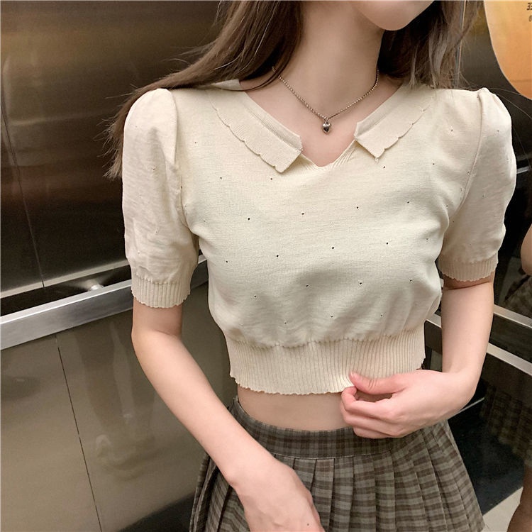 Áo Croptop Dệt Kim Tay Phồng Phối Ren Thời Trang Mùa Xuân Hàn Quốc Ngọt Ngào