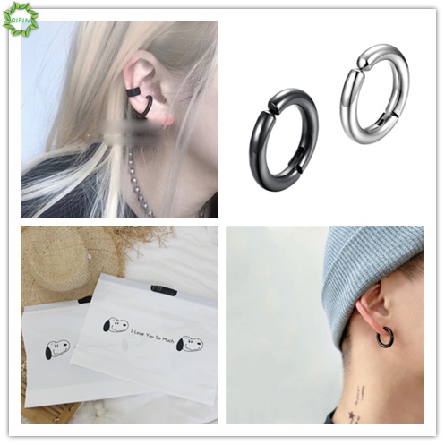 1 khuyên tai tròn màu đen/bạc không cần xỏ lỗ cho nam và nữ