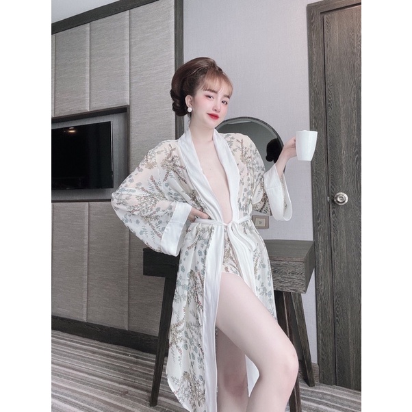Áo Choàng Ngủ, Set Choàng Kèm Quần Vải Voan Phối Satin