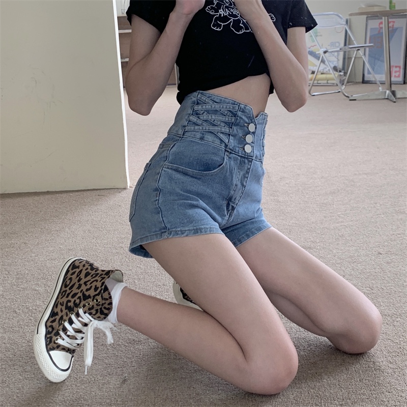 Quần Short Denim Lưng Cao Phong Cách Retro Thời Trang Hàn Quốc Cho Nữ