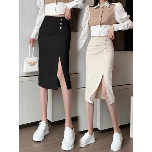 Chân váy bút chì sẻ trước công sở chất co dãn phối 3 khuy | BigBuy360 - bigbuy360.vn