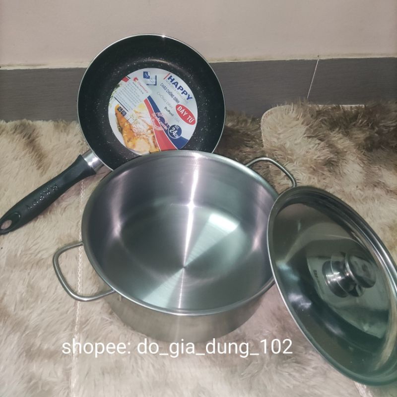 Chảo Chống Dính đáy từ 24cm và Nồi Inox 24cm dùng Bếp Từ, Bếp Gas, Bếp Hồng Ngoại