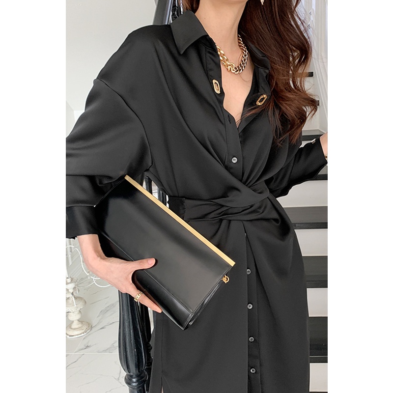 Váy sơ mi lụa satin cài khuy eo vắt chéo cài khuy sang trọng kiểu Pháp