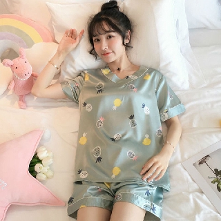 bộ mặc nhà nữ đồ ngủ lụa cute cổ tim