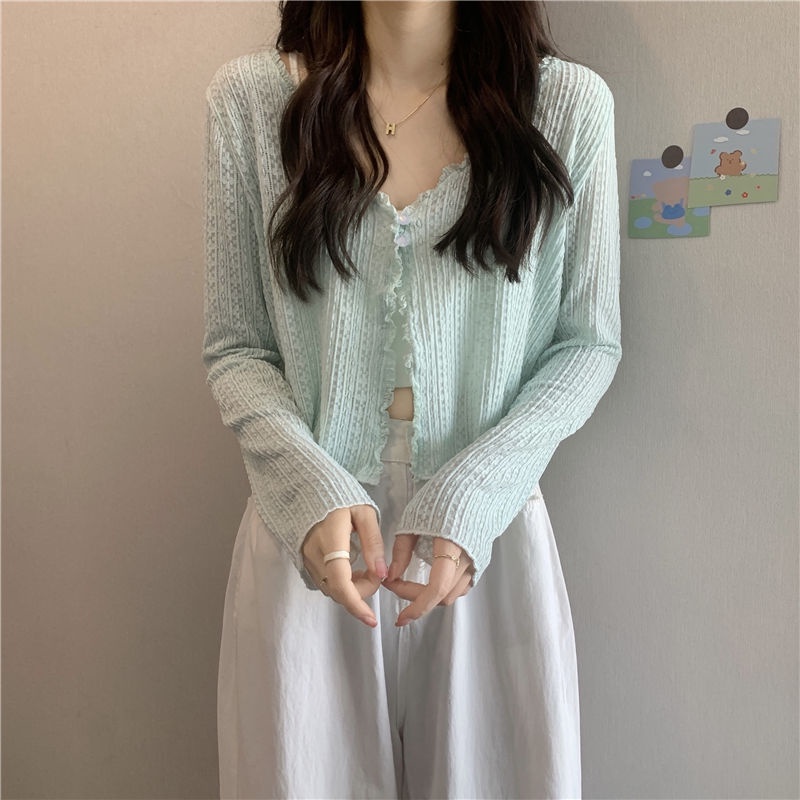 Áo Khoác Cardigan Dệt Kim Mỏng Phối Ren Cổ Chữ v Thời Trang Mùa Hè Dành Cho Nữ