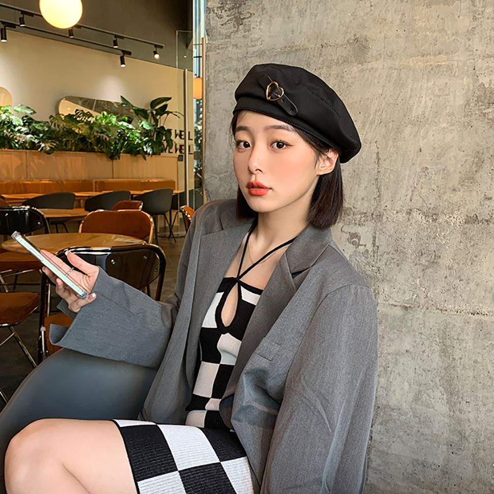 Mũ beret phối khóa cài trái tim bằng da điều chỉnh được thời trang thu đông kiểu Hàn Quốc thanh lịch đơn giản cho nữ
