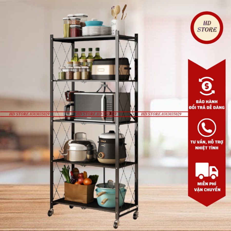🆓 Kệ Sắt - Kệ Để Đồ Đa Năng Gấp Gọn Có Bánh Xe - 5 TẦNG - Tiện Ích Cho Nhà Bếp, Phòng Ngủ, Phòng Khách