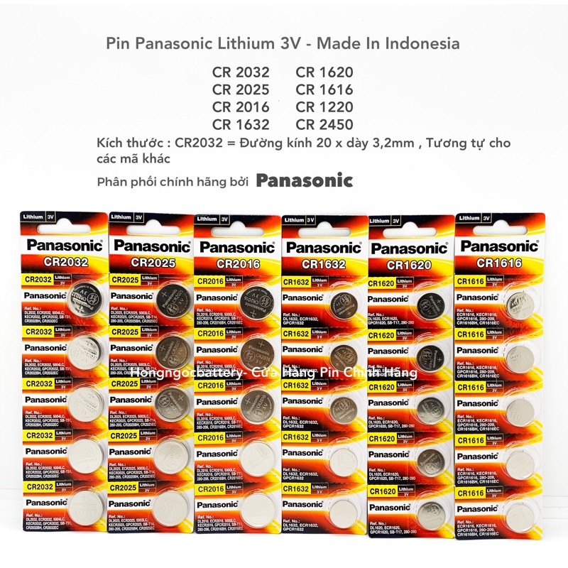 Pin 3V Vỉ 5 Viên Panasonic CR2032 / CR2025 / CR2016 / CR1632 / CR1220 / CR1620 / CR1616 Pin 3V Lithium Made in Indonesia