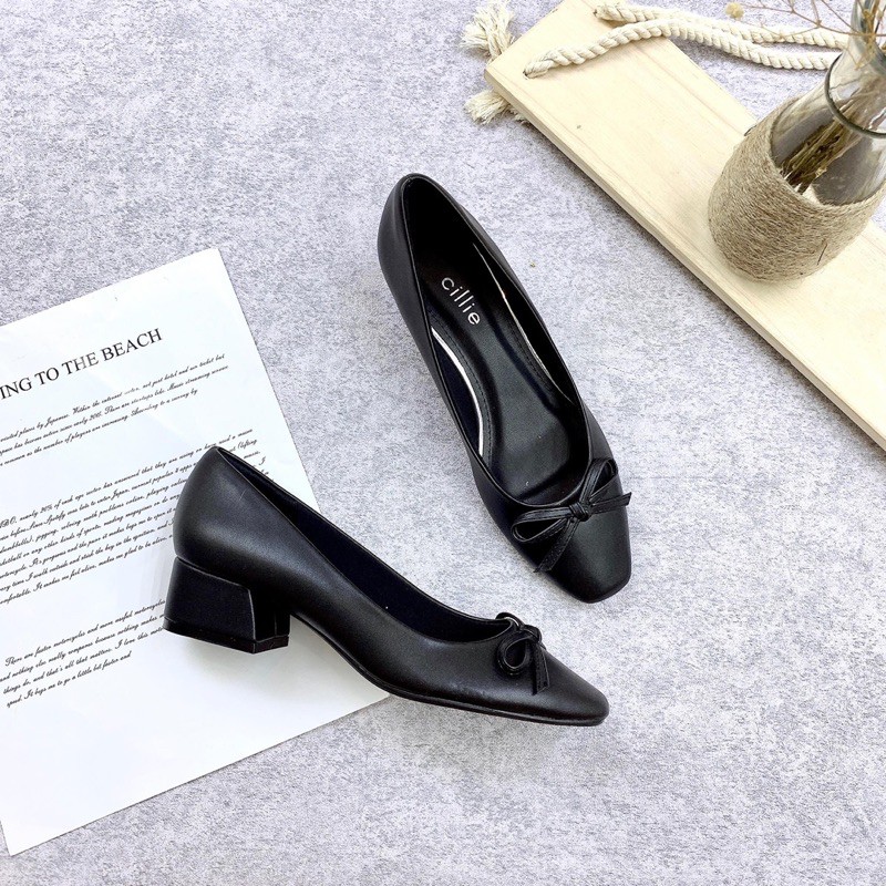 Giày mũi vuông nơ cao 3cm gót bọc da - 2058