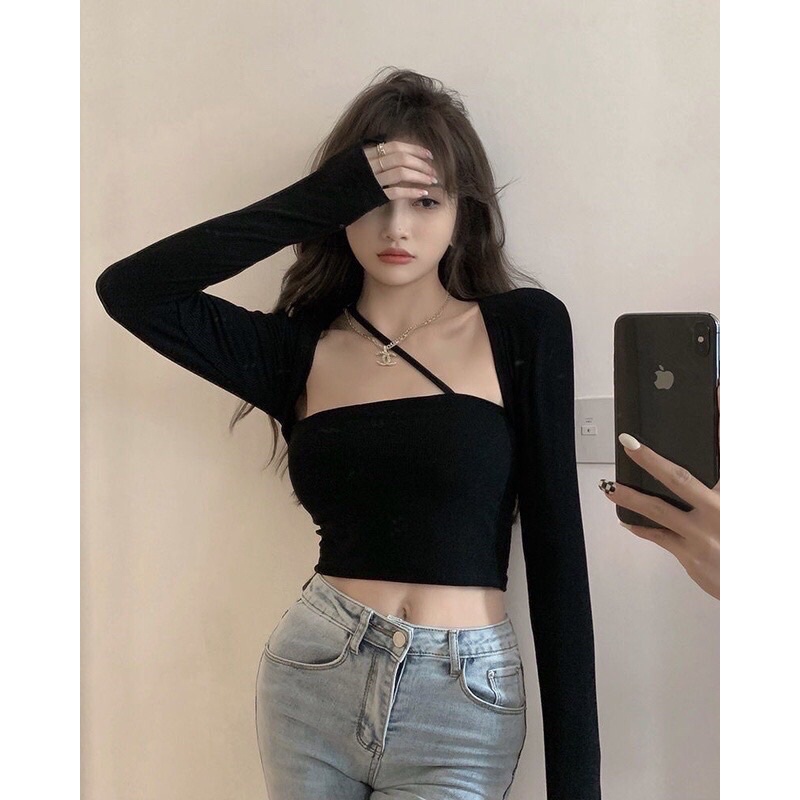 Áo kiểu cổ vuông tay dài phối croptop dây chéo