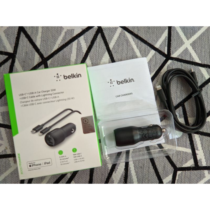 Combo Tẩu sạc ô tô xe hơi Belkin 30w 2 cổng và cáp lightning 1.2m MFi - Hàng chính hãng F7U100