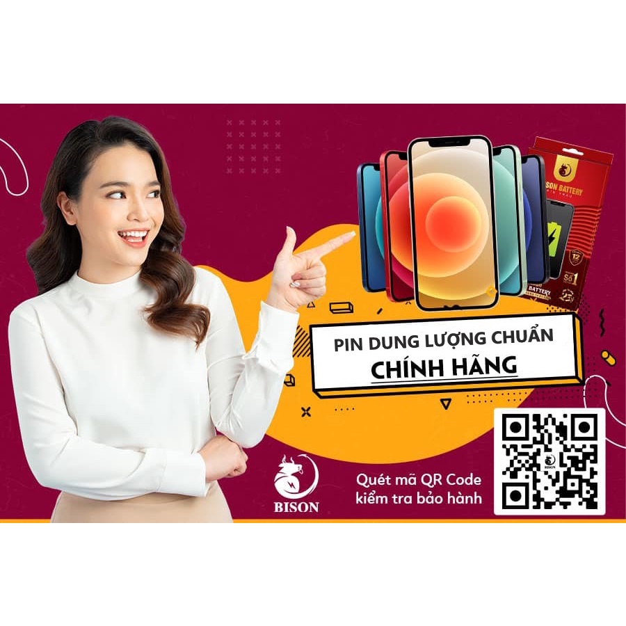 Pin Bison - Pin Chất Lượng Chuẩn Nhất Cho iPhone - BH 12 tháng + Bảo hiểm cháy nổ 25 tỷ (tặng kèm keo dán pin)