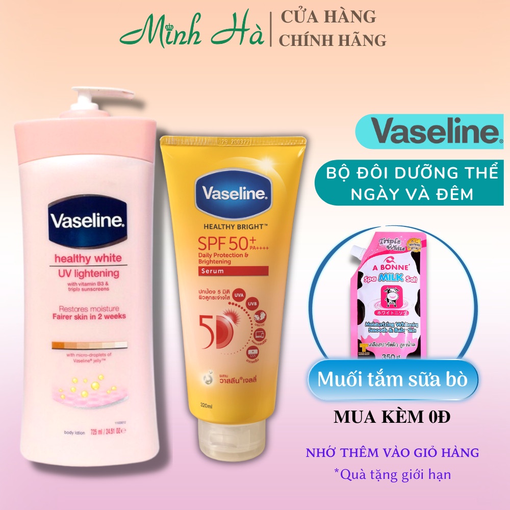 Bộ đôi sữa dưỡng thể ngày và đêm Vaseline Healthy White 725ml &amp; Vaseline 50x Thái Lan 320ml