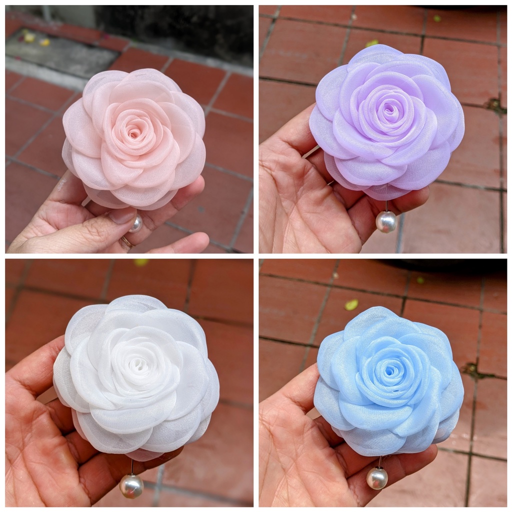 [ Hàng Thiết Kế ] Hoa Cài Áo Handmade Vải Voan Cao Cấp Size 8 - 9Cm, Có Ghim Cài Lên Áo Váy