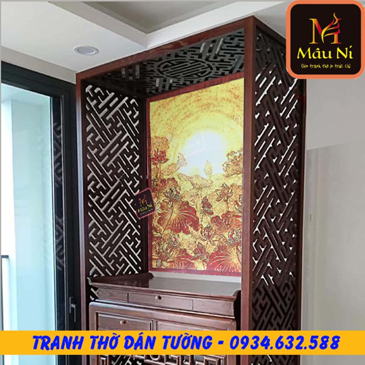 [ tranh dán vách ban thờ ]- kt 61cmx81cm - sen vàng- dán phòng thờ, vách thờ, bàn thờ,.. tranh trúc chỉ in Mâu ni