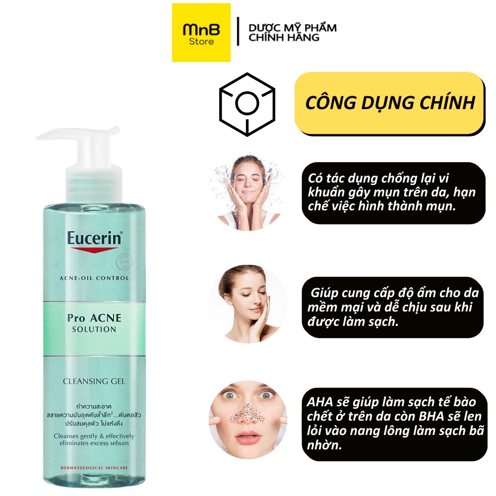 Sữa rửa mặt Eucerin Pro ACNE Solution Cleansing Gel cho da dầu mụn 75, 200, 400ml