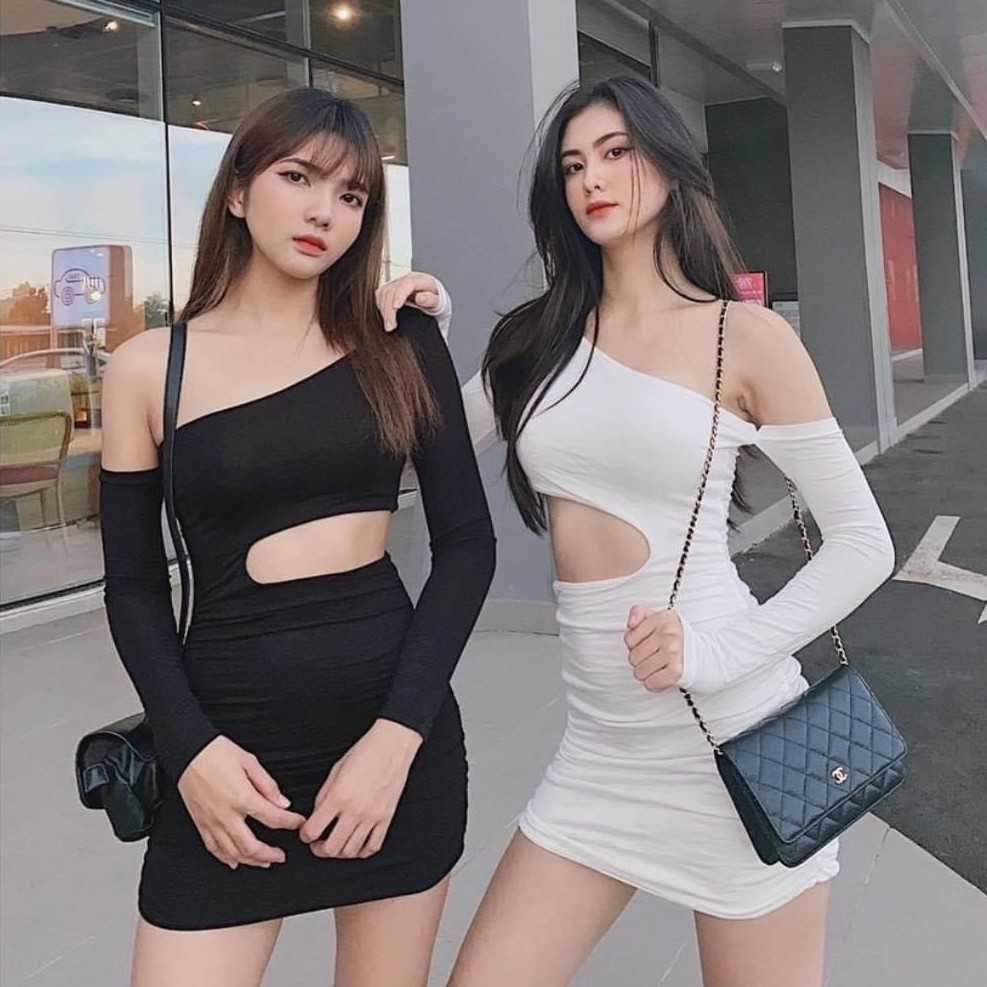Đầm body kiểu lệch vai tay đứt khoét eo cực xinh , chất thun bozip mềm mịn