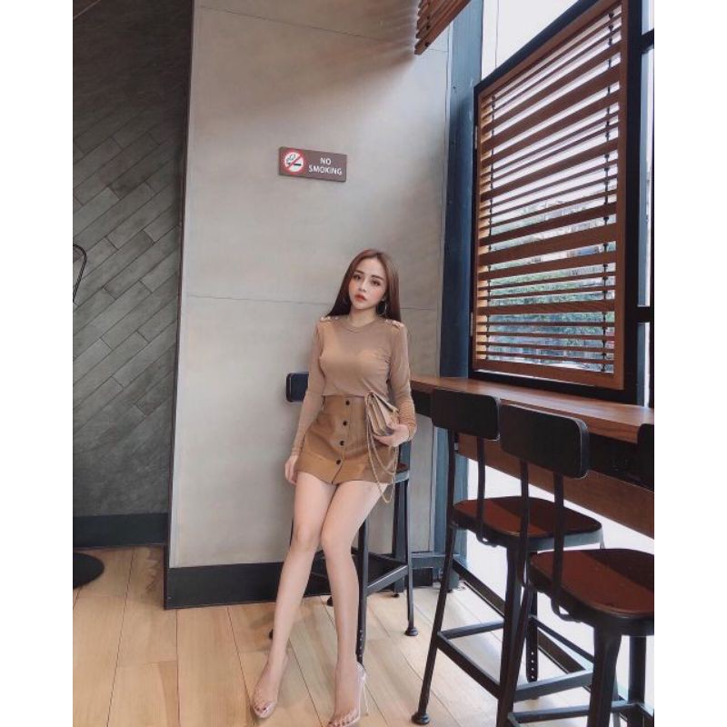 Quần sooc da giả váy khuy túi hộp hàng QCL1