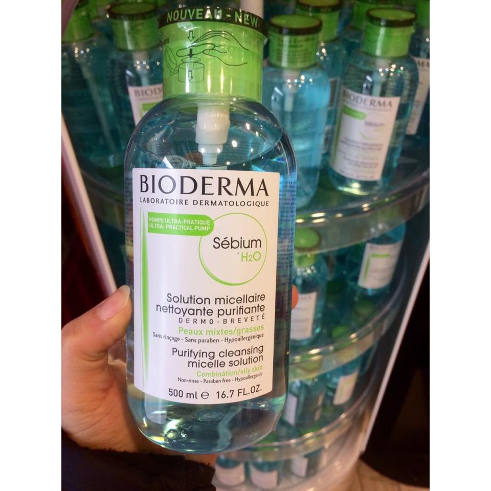 Nước tẩy trang Bioderma Sensibio Sebium Créaline H2O 500ml Pháp chính h ãng xanh hồng - Nắp nhấn
