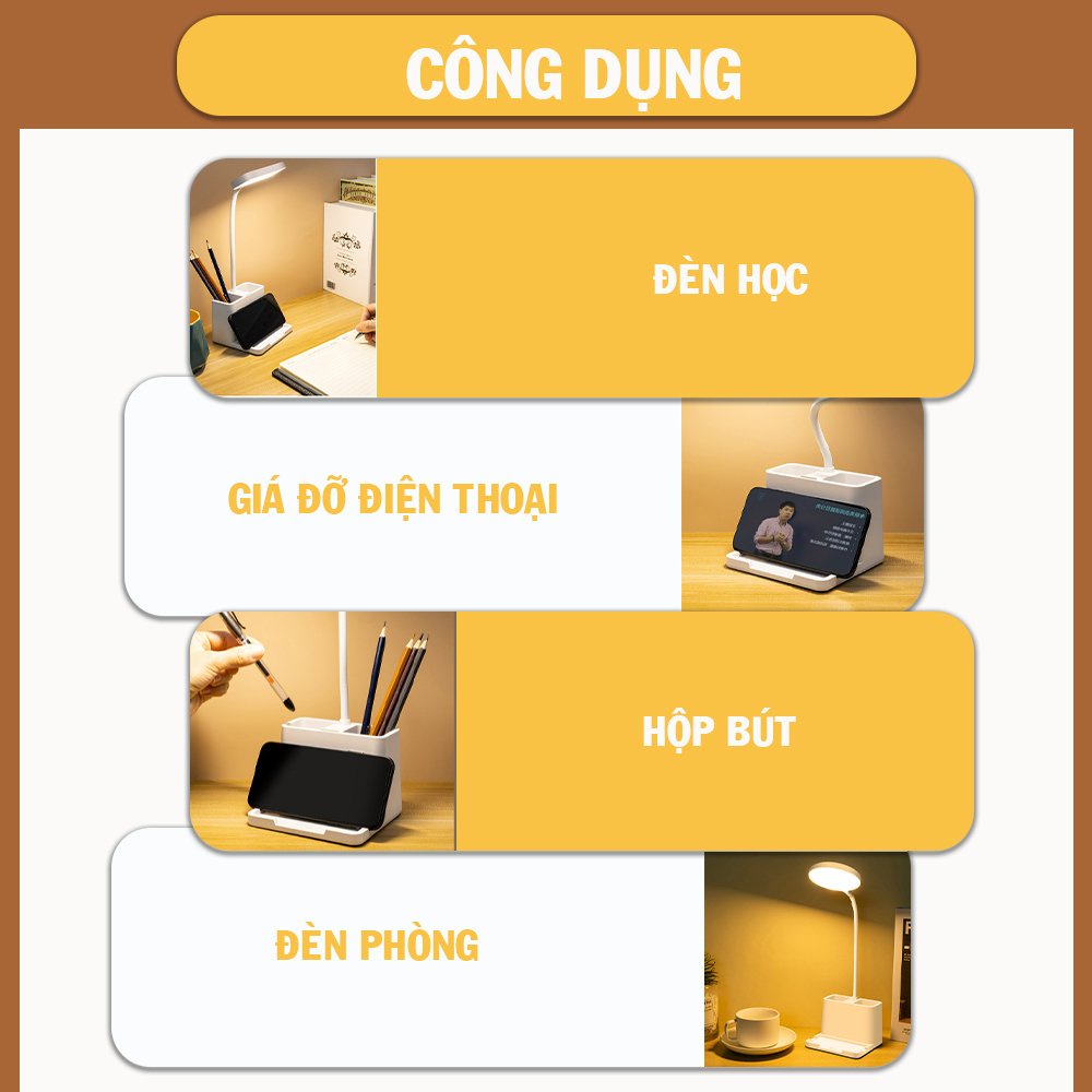 Đèn Bàn, Đèn Để Bàn Học Chống Cận Tích Điện THTOFFICIAL - 3 Chế Độ Ánh Sáng Tự Nhiên - Có Ngăn Để Bút - Bật Tắt Cảm Ứng