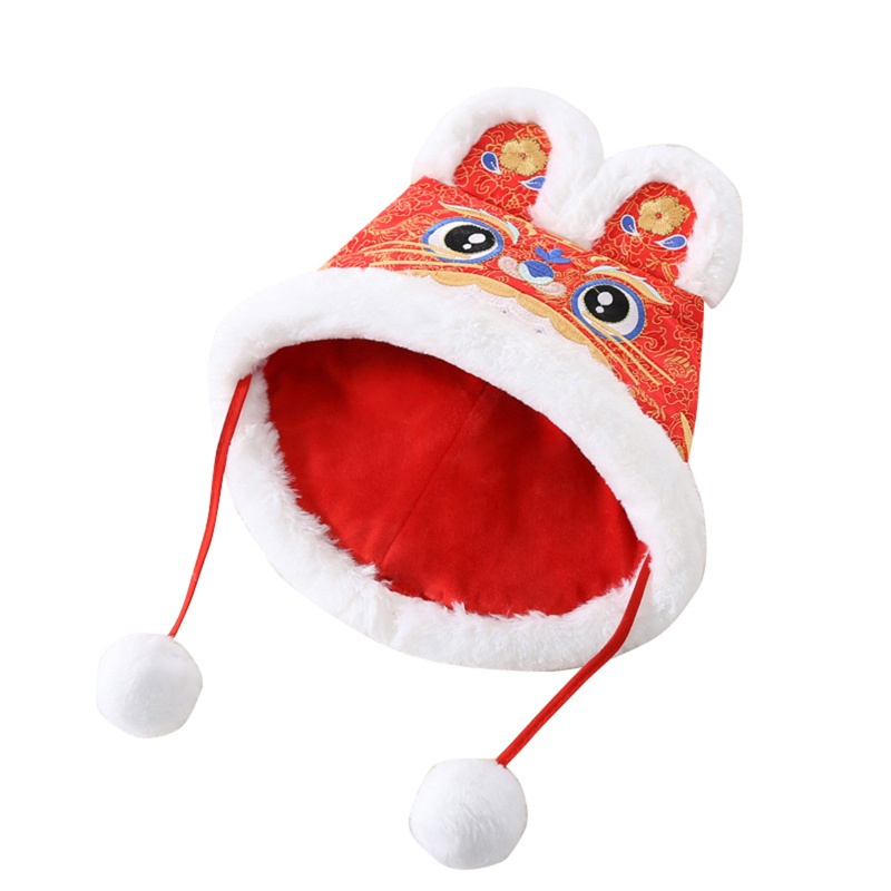 Mũ Giữ Ấm Mùa Đông Thêu Họa Tiết Hoạt Hình Phong Cách Trung Hoa Cho Bé