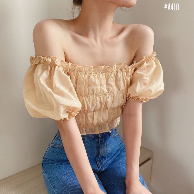 [HÀNG LOẠI 1] Áo Croptop Nhún Ánh Kim Bẹt Vai Tay Bồng