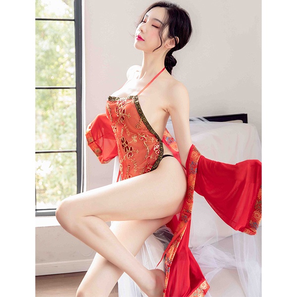 Cosplay cổ trang Trung Quốc xuyên thấu sexy gợi cảm set ngủ yếm kèm áo choàng họa tiết hoa Tết cổ điển BIKIHOUSE N786 | WebRaoVat - webraovat.net.vn