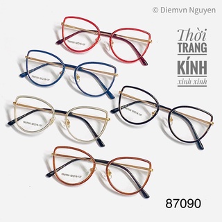 Gọng kính cận mắt mèo cao cấp 87090 cho nữ , Kim loại mảnh, Form kính siêu nhẹ