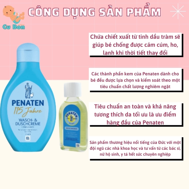 Sữa Tắm Chống Cảm PENATEN Đức 400 ml Và Tinh Dầu Tắm Chống Cảm PENATEN Đức125 ml giúp giữ ấm cho cơ thể bé khi tắm