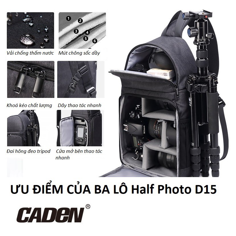 Ba lô half photo chống sốc máy ảnh thao tác nhanh CADEN D15 quai đeo chéo vải chống chấm form cứng