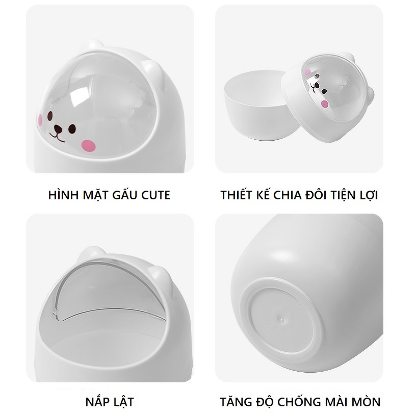 Thùng rác mini để bàn hình gấu dễ thương, sọt rác nhựa nắp lật để văn phòng tiện lợi