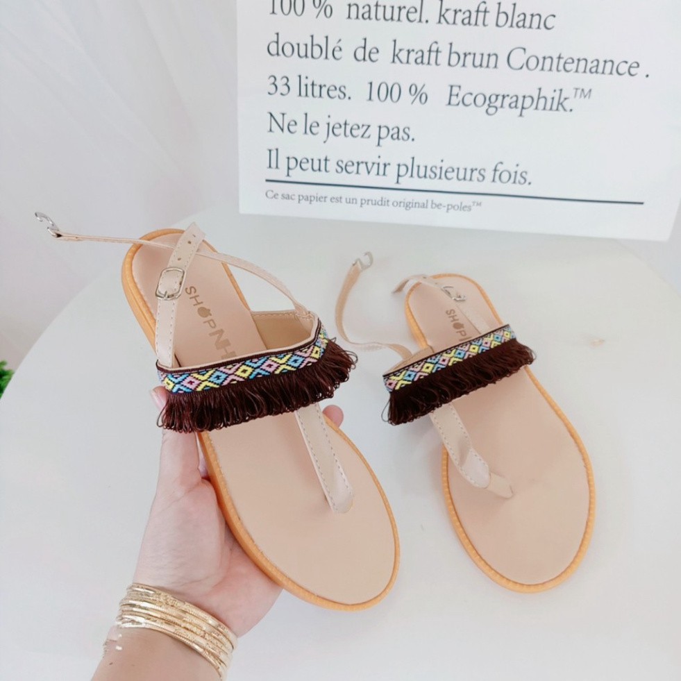 Giày sandal kẹp thổ cẩm màu kem đi biển phong cách vintage [Hoàn Xu]