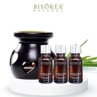 Đèn xông tinh dầu và 03 chai tinh dầu sả chanh đuổi muỗi biyokea 20ml