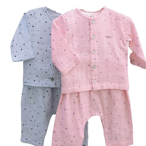 Bộ Quần Áo Sơ Sinh  Nous Cài Thẳng Dài Xô Wrinkle Hoạ Tiết Sao Hồng,Xanh Size 0-3M Đến 9-12M Chất Nu Xô