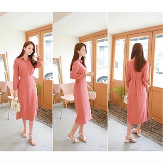 Đầm váy freesize hồng ruốc đắp tà form dài