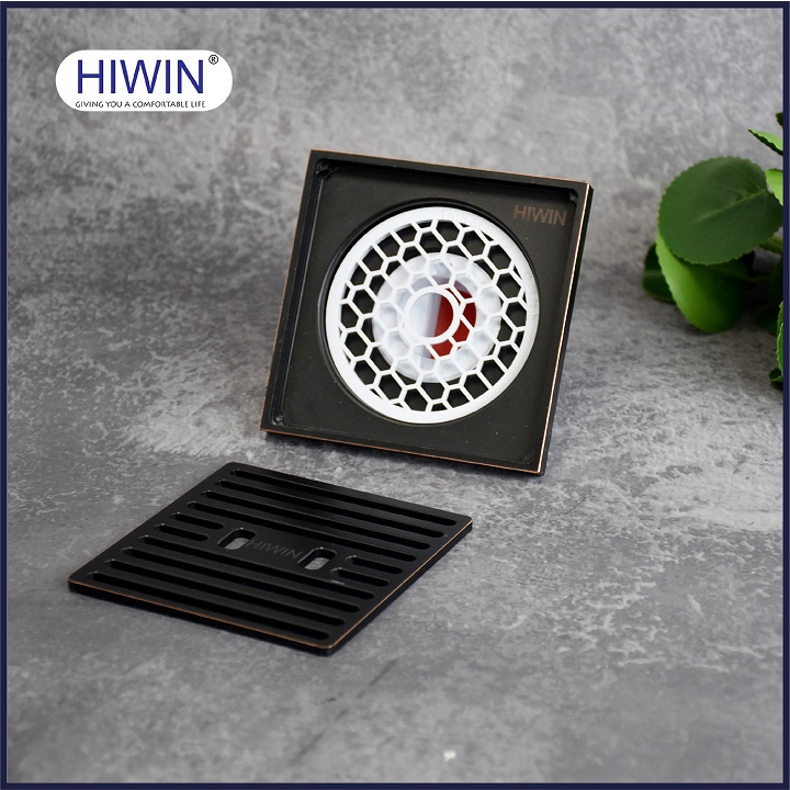 Phễu thoát sàn ngăn mùi hôi thoát nước nhanh đồng mạ đen kích thước 100x100mm HIWIN FD-1410B