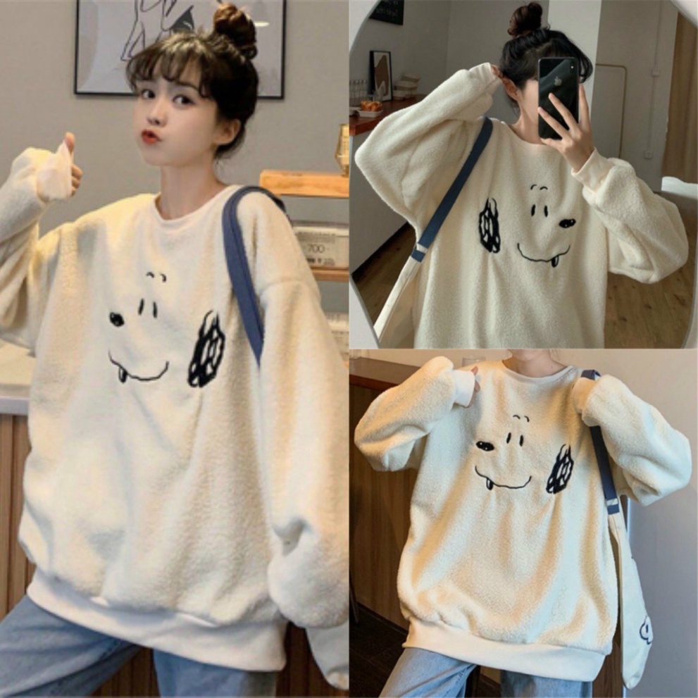 Áo Nỉ Lông Nữ In Hình Dáng Rộng Dài Tay dưới 75kg -  Sweater Lông Hình Cún G039