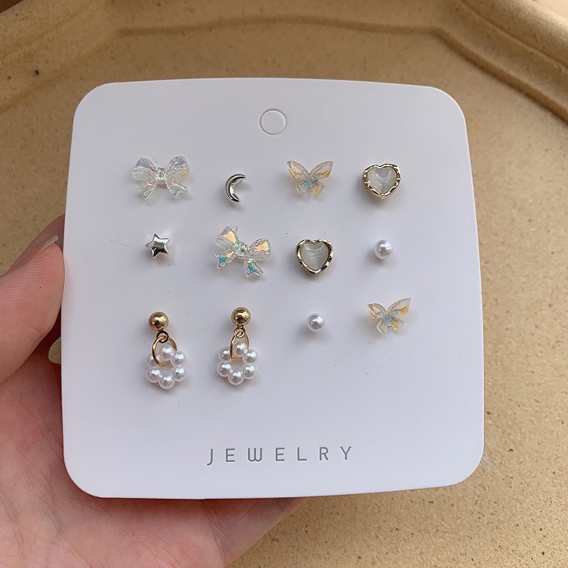 Bông tai 17KM đính hạt ngọc trai opal hình nơ trái tim bướm mặt trăng cho nữ