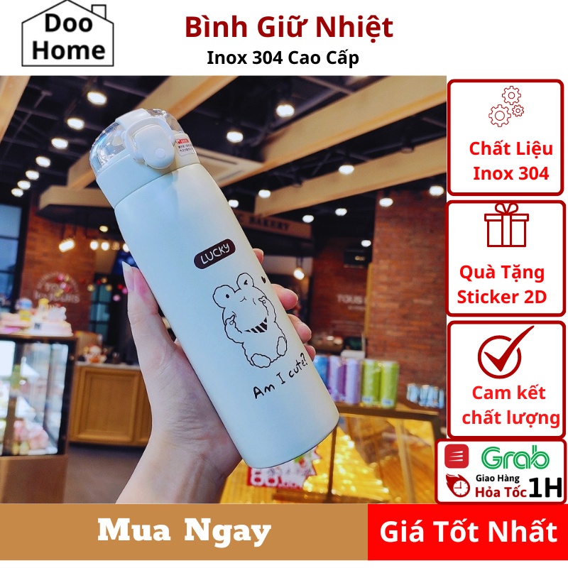 Bình đựng nước giữ nhiệt thép không gỉ INOX 304 dễ thương 500ml, Ly Cốc giữ nhiệt có ống hút kèm dây +sticker-DooHome