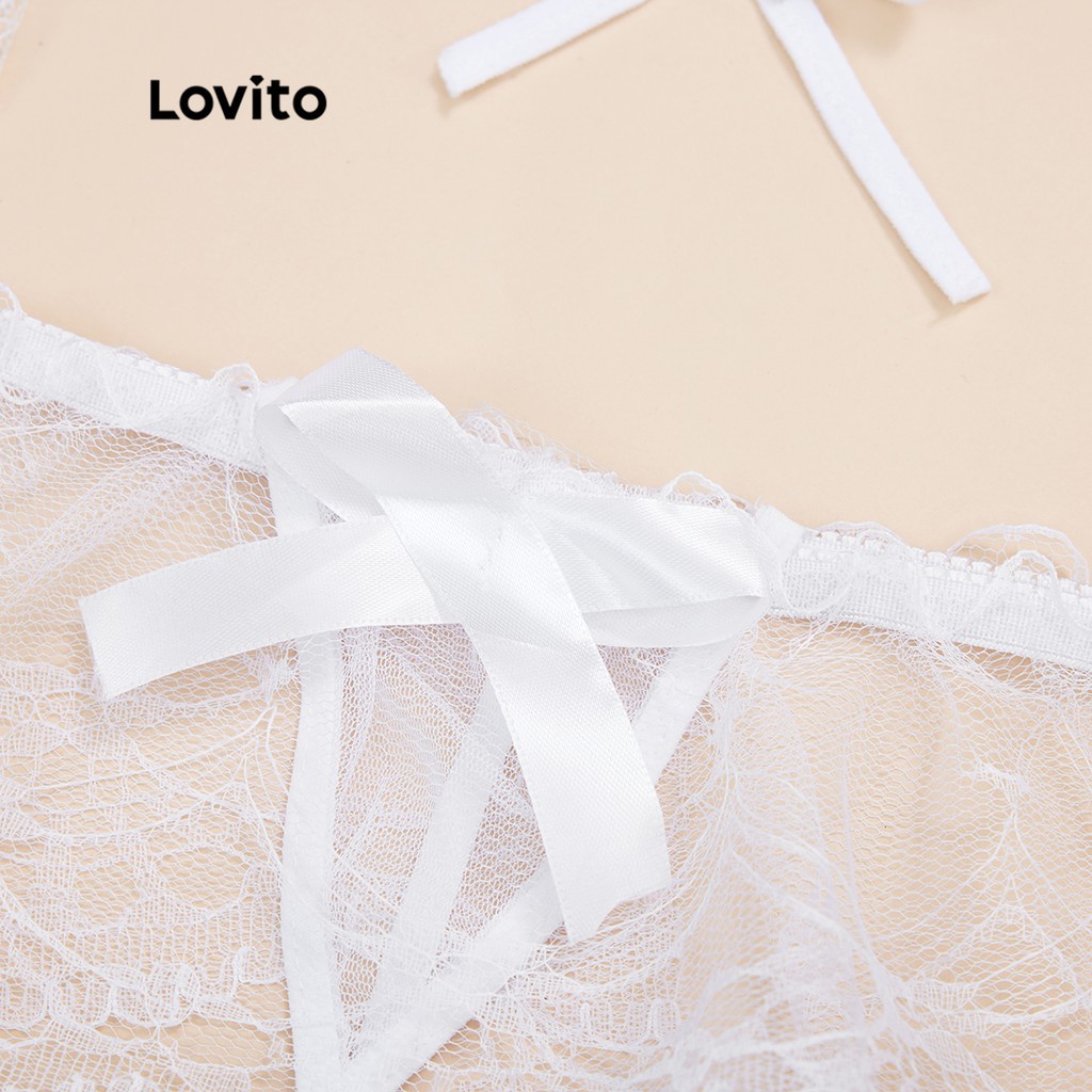 Đặt Lovito Đồ ngủ ren cho phụ nữ Nơ phía trước Áo ngực có dây buộc trong suốt Quần lót L162085 (Hồng/Trắng)