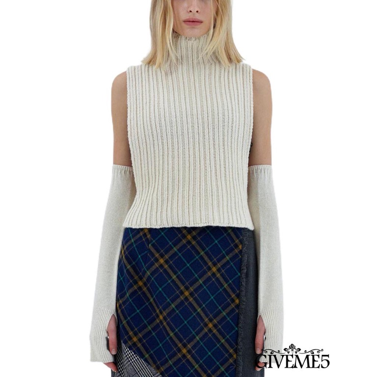 Áo len dệt kim cổ cao màu trơn và đôi tay áo cùng màu cá tính độc đáo cho nữ