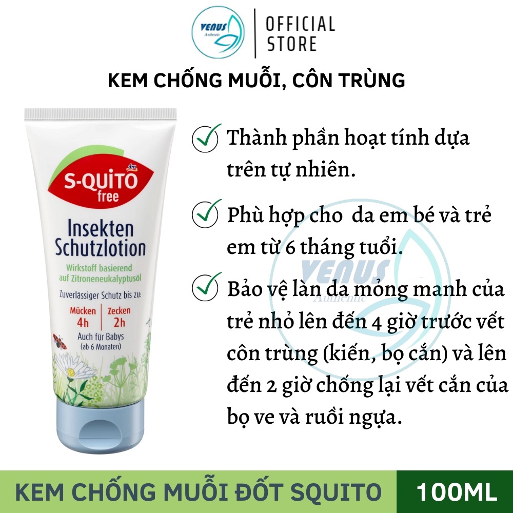 Kem, xịt chống muỗi, gel bôi muỗi và côn trùng cắn Squito Free Đức cho trẻ nhỏ 100ml - Hàng nội địa mẫu mới 2022
