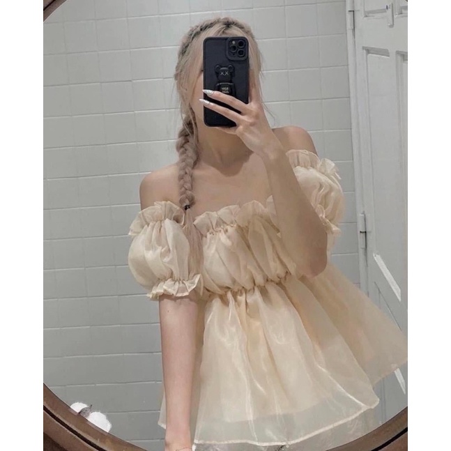 [Hàng Sẵn, Ảnh Thật] Áo Tơ Trễ Vai Ngực Bèo Nhún Sang chảnh Áo Cổ Vuông Tay Bồng Tiểu Thư Ulzzang Hot Hit