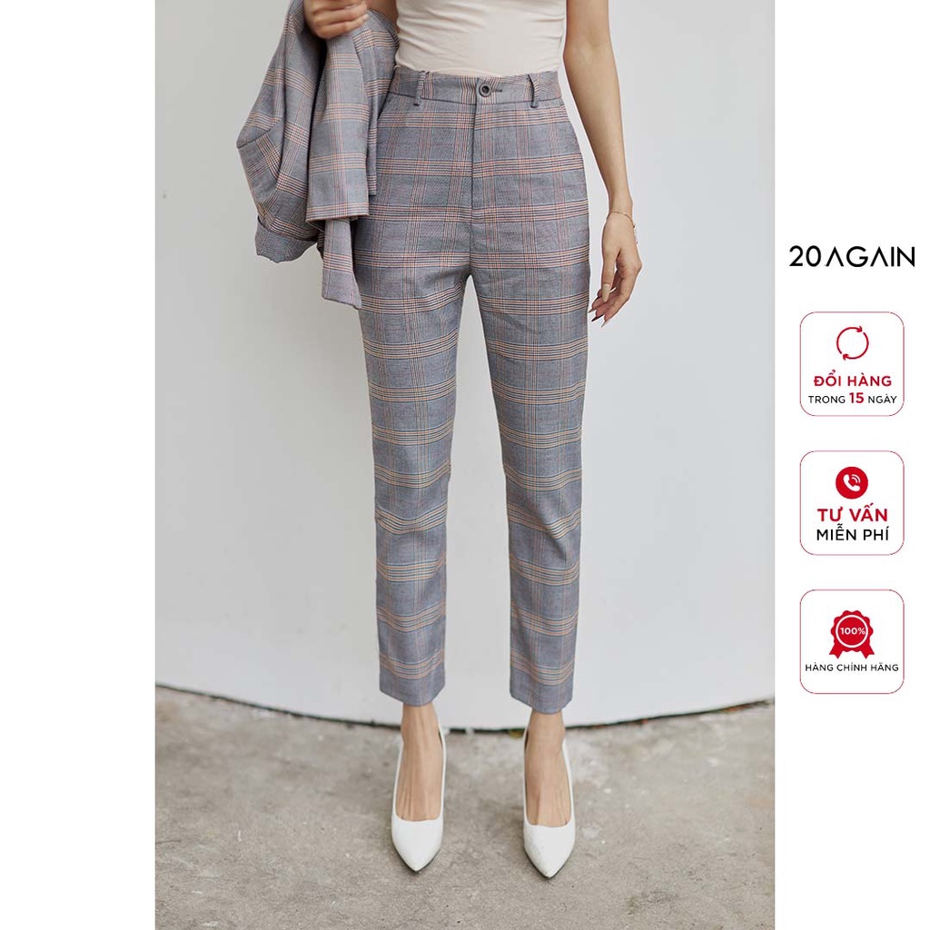 Quần âu nữ dáng basic 20AGAIN, họa tiết caro trẻ trung, chất kẻ tweed cao cấp QBA2173