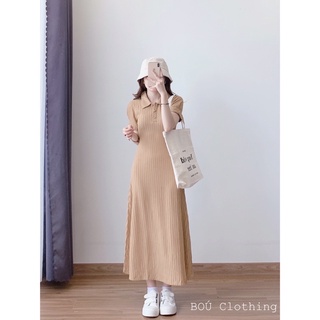 Đầm nữ midi cổ bẻ vân dọc form đẹp siêu tôn dáng (Ảnh thật)